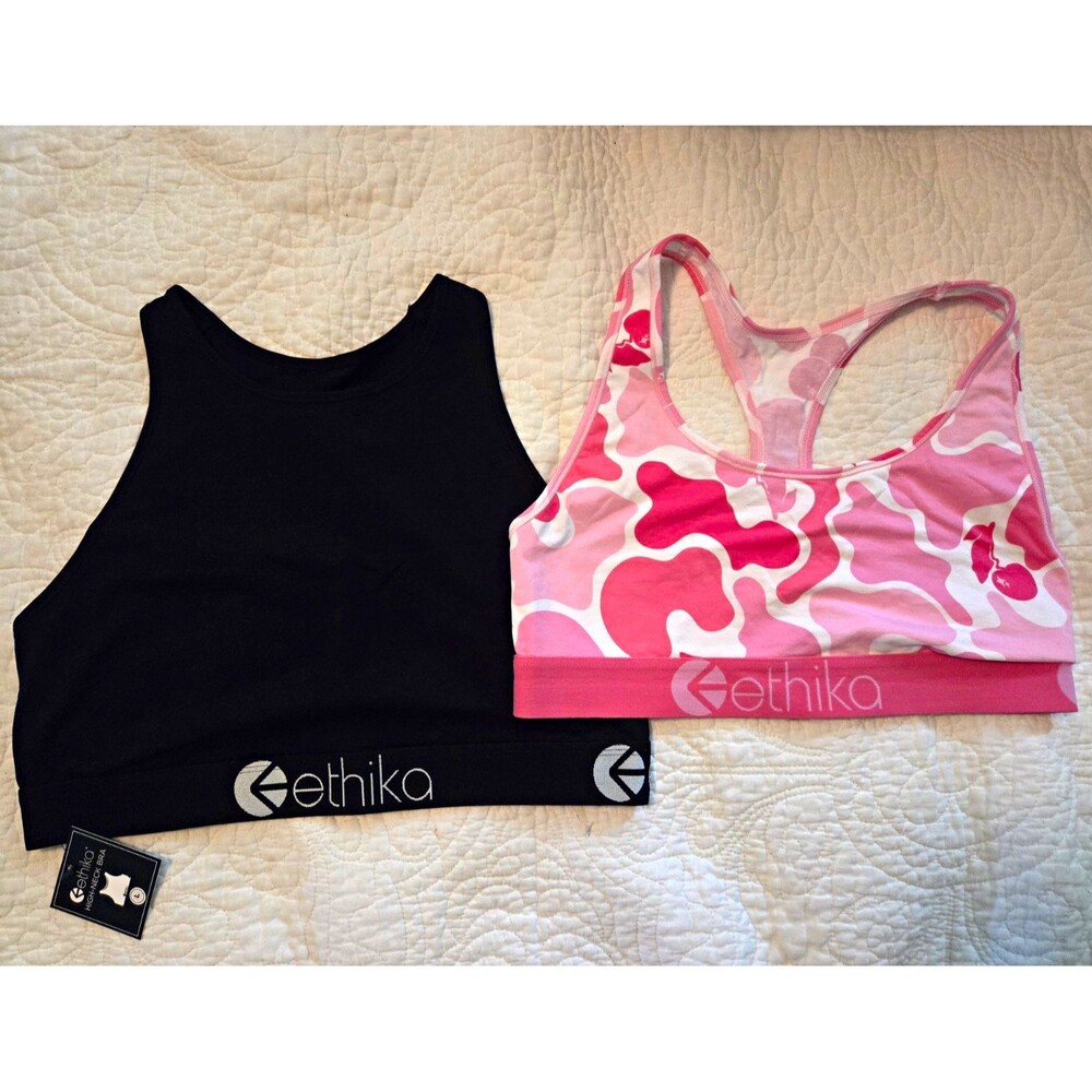 2 Ethika bras-High-Neck Black Sports Bra L & Pink Camo Wireless Racerback L